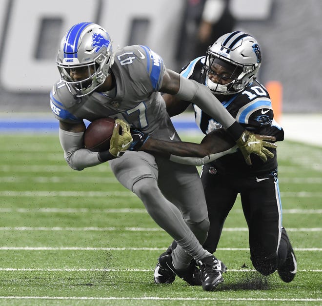 Detroit Lions defensive back Tracy Walker intercepted a pass against recipient Carolina Panthers Curtis Samuel in the second quarter on Sunday November 18, 2018 at Ford Field