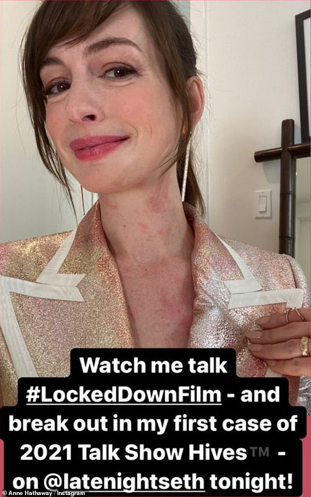 Talk Show Cells: Anne Hathaway fell with her first case of this year's `` talk show cells '' Thursday, as she took to Instagram Story while promoting her quarantine rom-com Locked Down