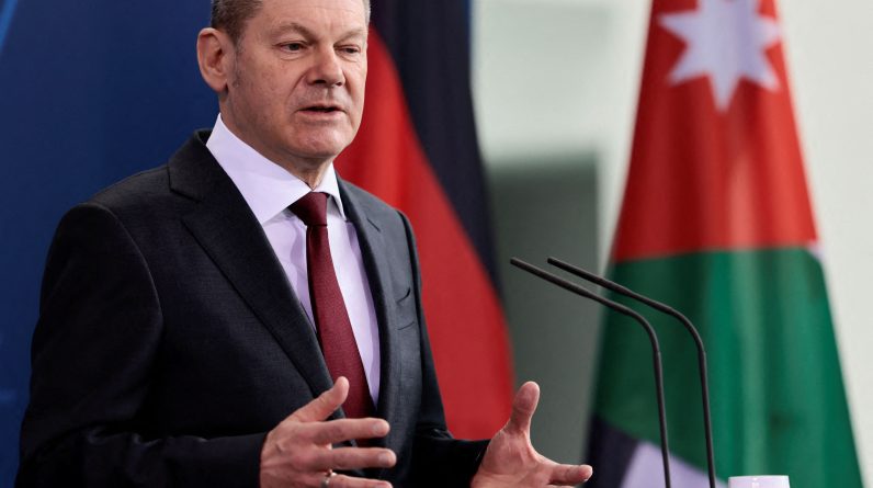 German Chancellor Olaf Scholz speaks during a press conference with the King of Jordan following talks at the Chancellery in Berlin, Germany, on March 15.