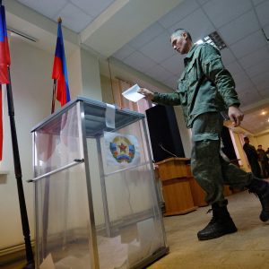 A service member of the self-proclaimed Luhansk People's Republic (LPR) votes during a referendum on joining LPR to Russia, at a military unit in Luhansk, Ukraine, on September 23.