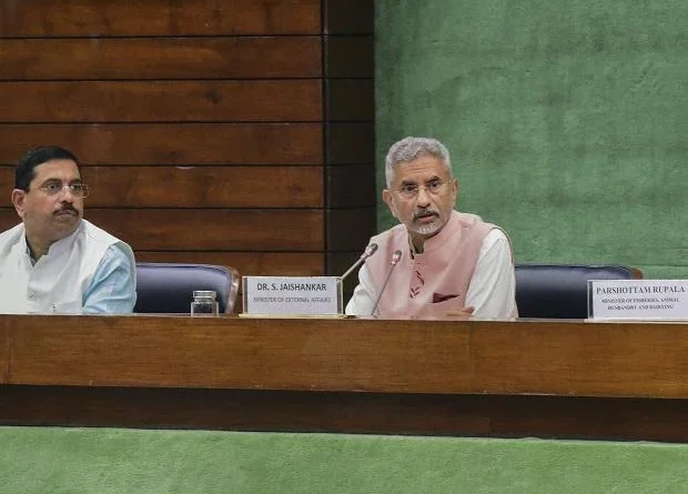 External Affairs Minister S Jaishankar with Union Ministers Pralhad Joshi and Parshottam Rupala during a meeting with Floor Leaders of political parties regarding present situation in Sri Lanka, in New Delhi (Photo: PTI)